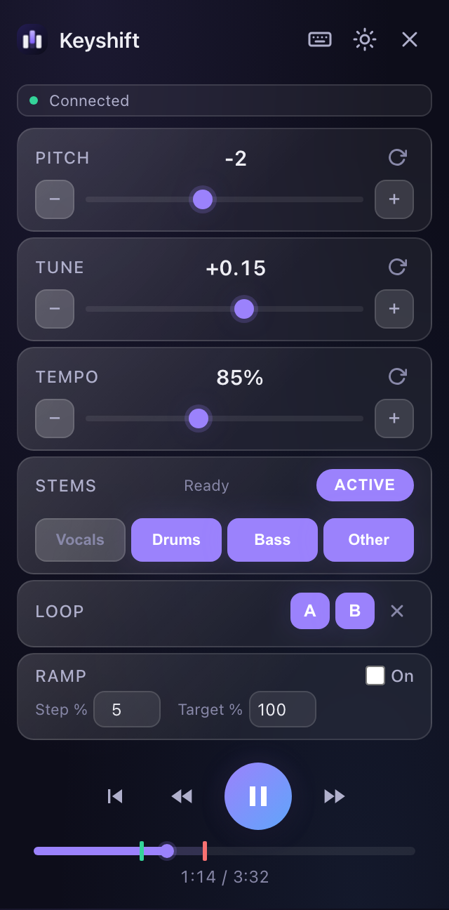Keyshift's popup with pitch at minus 2, tempo at 85 percent, the vocals stem turned off, and a loop set